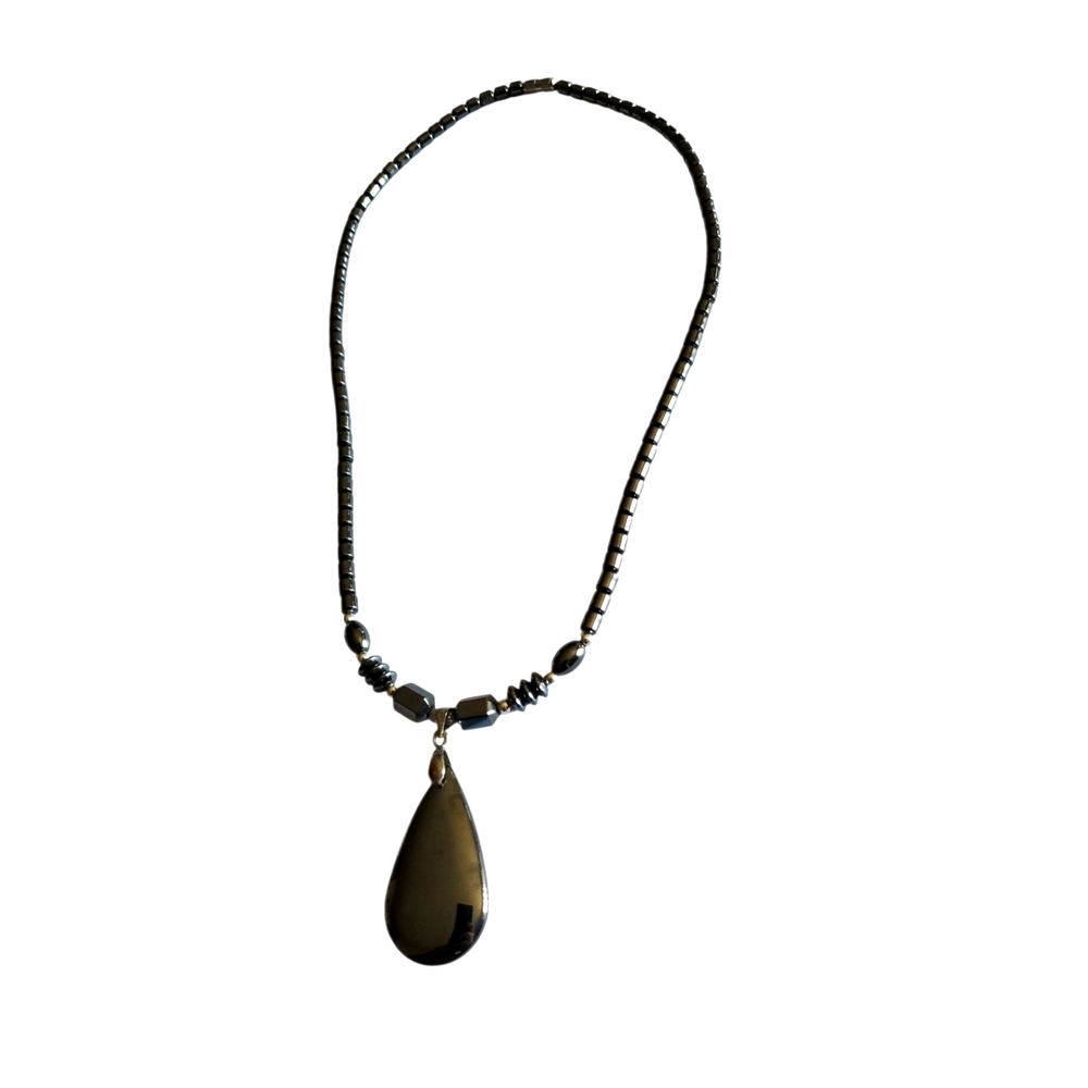 Vtg. Tear Drop Hematite Pendant Necklace